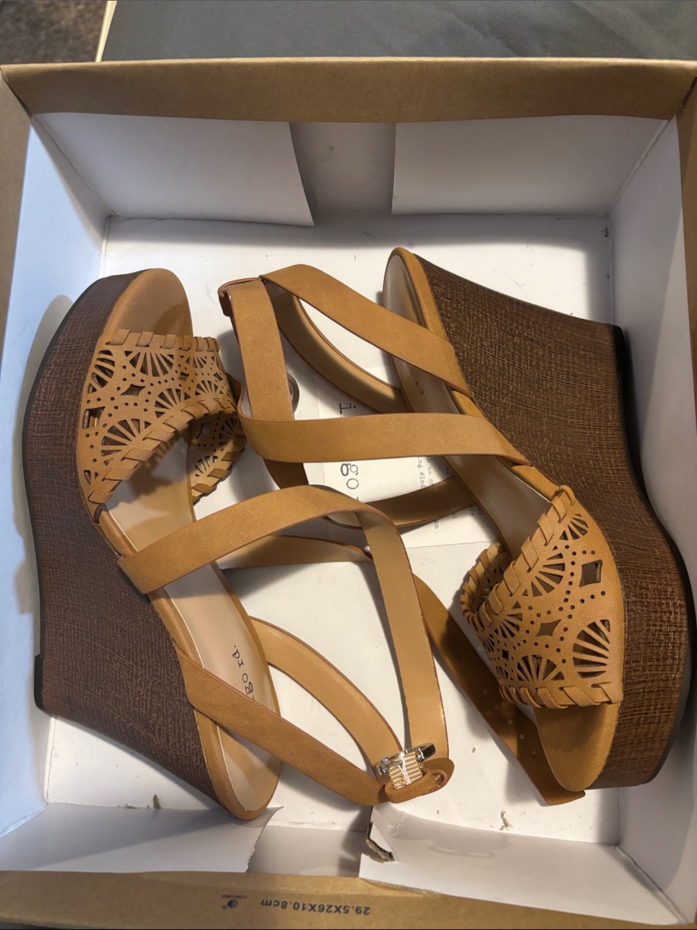 Indigo rd. Women’ Tan Wedge Sandals with Laser-Cut Straps